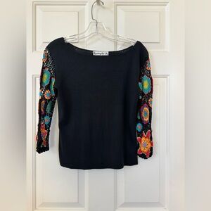 Joseph A. Black Top with Colorful Crochet Sleeves